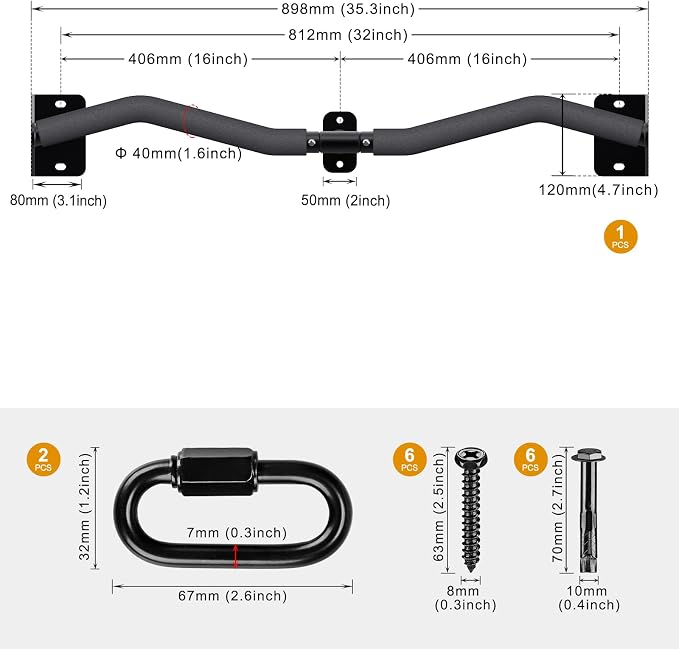 Kipika Wall Mounted Pull Up Bar - Heavy Duty 500 LB Capacity Doorway Chin Up Bar for Home Gym, Sturdy Steel Construction with Resistance Band Hooks | Hanging Exercise Bar for Full Body Workout