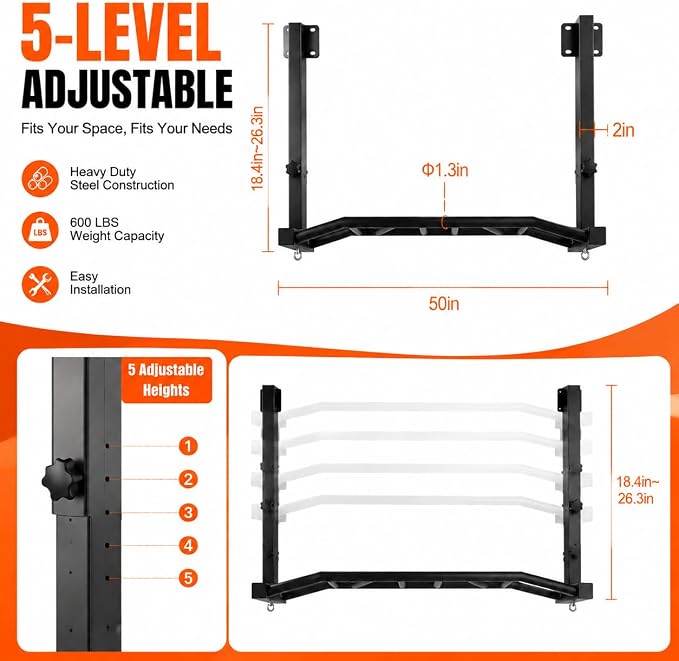 48" Joist Mounted Pull Up Bar, 600LBS Heavy Duty Multi Grip Ceiling Mount Chin Up Bar, Ceiling Beam for Home Gym/Garage/Basement with 5-Height Adjustable& Round Anchors, Easy to Install