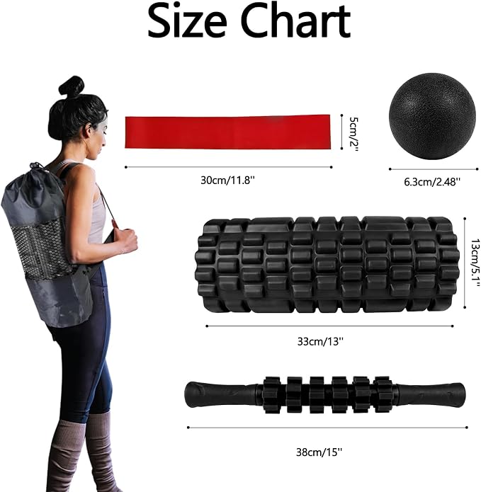 5 in 1 Foam Roller Set High Density Patented Foam Roller for Exercise | Foam Roller Massage Stick, Massage Ball, Resistance Band for Deep Muscle Massage Pilates Yoga Trigger Point Release Black