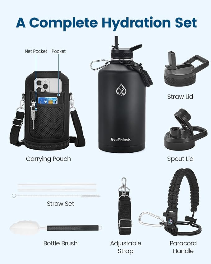 1 Gallon Water Bottle Insulated with Carrier Bag, Black | Stainless Steel, Vacuum Insulated Keep Cold 48 Hrs, 128 oz Large Gallon Water Jug, For Travel, Sport, Gym, Hiking