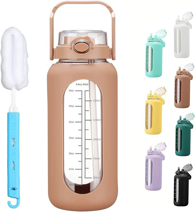 chunmo 64oz Glass Water Bolttles with Straw Half Gallon Large Motivational Water Bottle with Time Marker Sports Water Bottles with Silicone Sleeve and Handle Lid Water Jug for Gym Workout