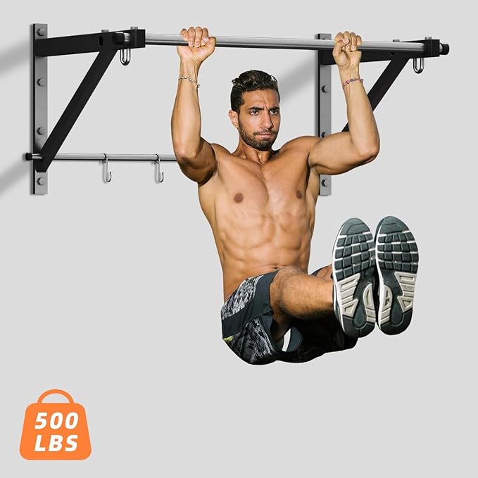 Wall Mounted Pull Up Bar with 500LBS Capacity for Gym Home | Adjustable Depth, 4 Hooks, Heavy Duty, Strength Training, Easy Install, Chin Up Bar for Doorway