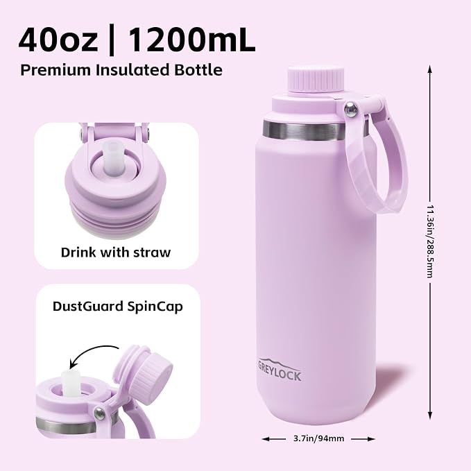 GREYLOCK 40 oz Insulated Water Bottle with Straw Lid, Leakproof Reusable Stainless Steel Vacuum Flask, 24hr Cold & Hot, Carry Handle & Silicone Spout, BPA-Free for Gym, Hiking, Travel,Purple
