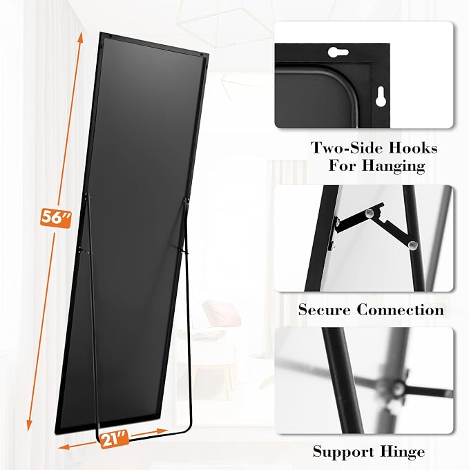 OLIXIS Full Length Floor Mirror with Stand, Body Mirror, 60x16 | Hanging or Leaning Wall, Aluminum Alloy Thin Frame, Living Room Bedroom, Long, Black