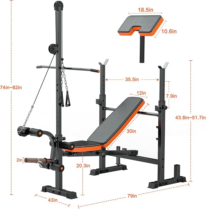 Fostoy Olympic Weight Bench with Lat Pulldown, Squat Rack & Leg Curl | Adjustable,Cable Row, Squat Rack, Leg Developer, Preacher Curl, Multi-Angle Backrest, Full Body Strength Training