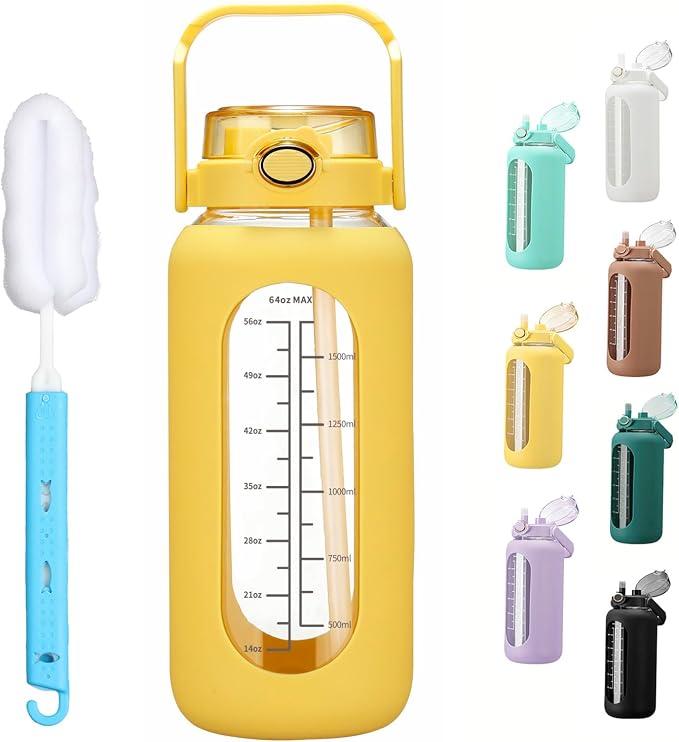 chunmo 64oz Glass Water Bolttles with Straw Half Gallon Large Motivational Water Bottle with Time Marker Sports Water Bottles with Silicone Sleeve and Handle Lid Water Jug for Gym Workout