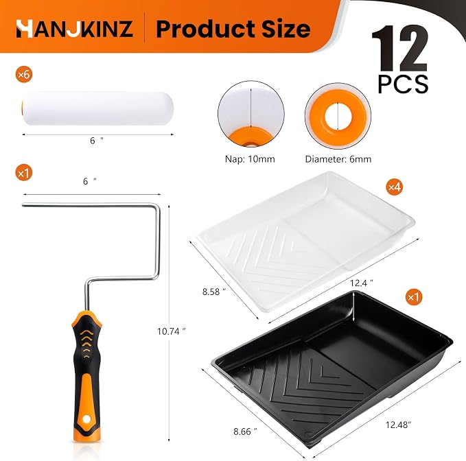 6 Inch Mini Foam Paint Roller Kit, 12 Pcs | High Density Foam Paint Roller, Paint Tray with Liner, Mini Roller, for Painting Wall, Door, Cabinet