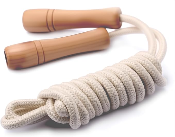 Jump Rope for Kids - Wooden Handle - Adjustable Cotton Braided Fitness Skipping Rope for Toddler Fitness Workout Exercise Outdoor Activity