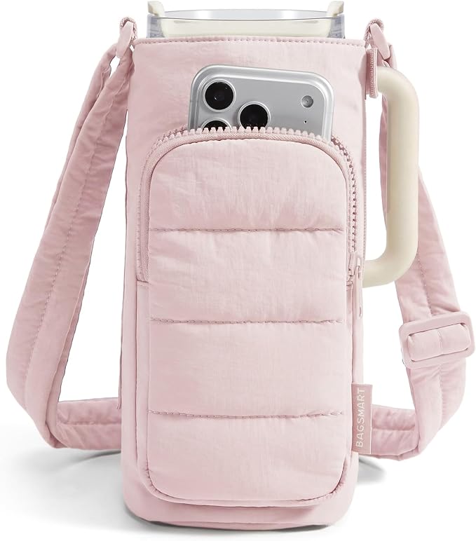 BAGSMART 40oz Water Bottle Holder with Strap, Quilted Gym Accessories | Magnetic or Classic Design, Lightweiht Tumbler Drink Carrier, Quilted Crossbody Purse