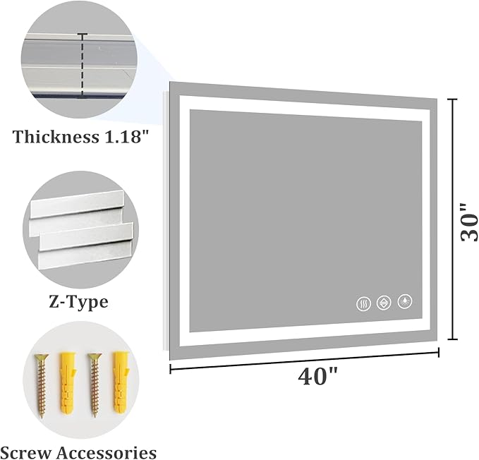 Koonmi 40x30 LED Bathroom Mirror with Light, Anti-Fog, 3 Colors | Backlit + Front Lit, Dimmable Brightness, Shatterproof HD Distortion-Free Tempered Glass, Hardware Included