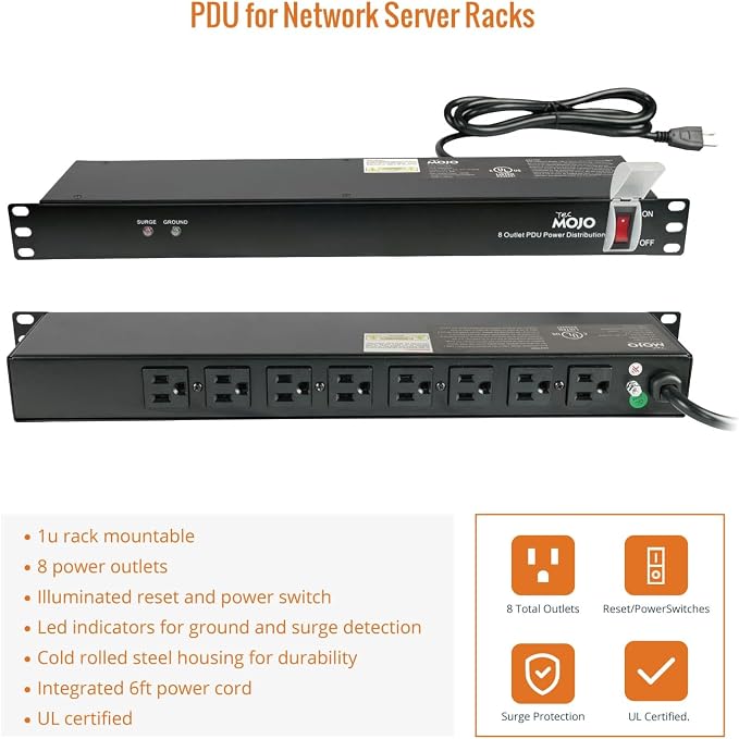 Tecmojo 1U Rack-Mount Horizontal 8-Outlet PDU, UL Listed PDU with Surge Protection 6ft Cord Power Distribution for IT and Network Server Racks