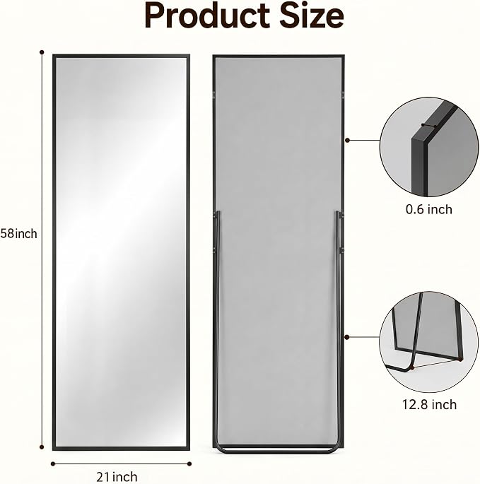 Antok Full Length Mirror, 58"x21" Floor Mirror with Stand, Hanging Mounted Mirrors for Bedroom, Living Room, Cloakroom, Dining Room, Black, Rect