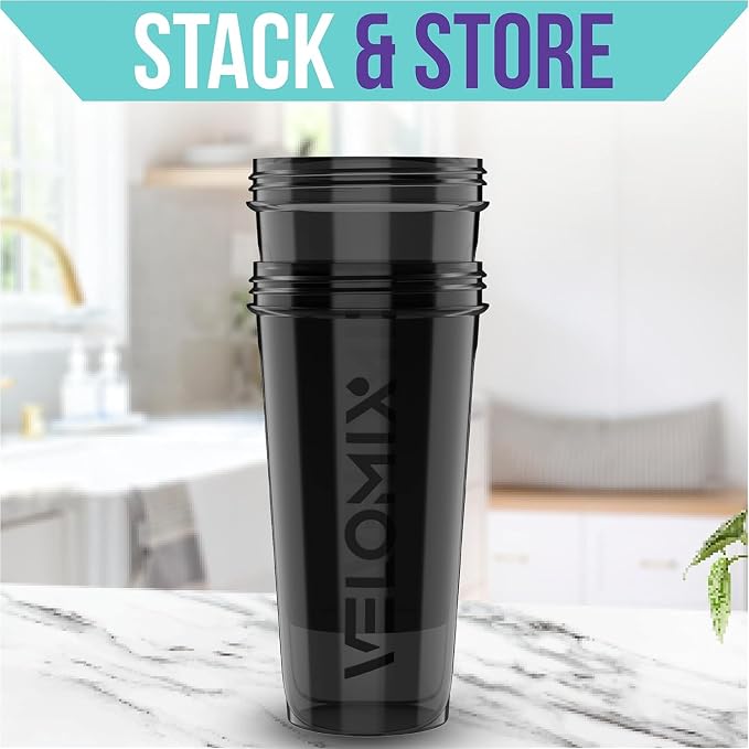 VELOMIX 2 Pack 28oz Protein Shaker Bottle for Protein Mixes, Black | 2x Wire Whisk, Leak Proof Shaker Cups for Protein Shakes, Stackable, Dishwasher safe, BPA free, Pre Workout and Gym ready
