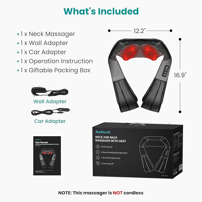 Nekteck Shiatsu Neck Massager with Heat for Pain Relief, NOT Cordless | 2026 Upgraded 3D Back Shoulder Kneading Massage Pillow, 3 Intensity Speeds Deep Tissue, Relaxation Gifts for Men Women, Black