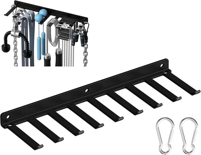Home Gym Accessories Storage Wall Rack with Sturdy Hooks, Carabiner Clips | Heavy Duty Home Gym Equipment Storage Rack Wall Mount for Resistance Bands, Cable Attachments,Lifting Belts,Jump Ropes,Chains