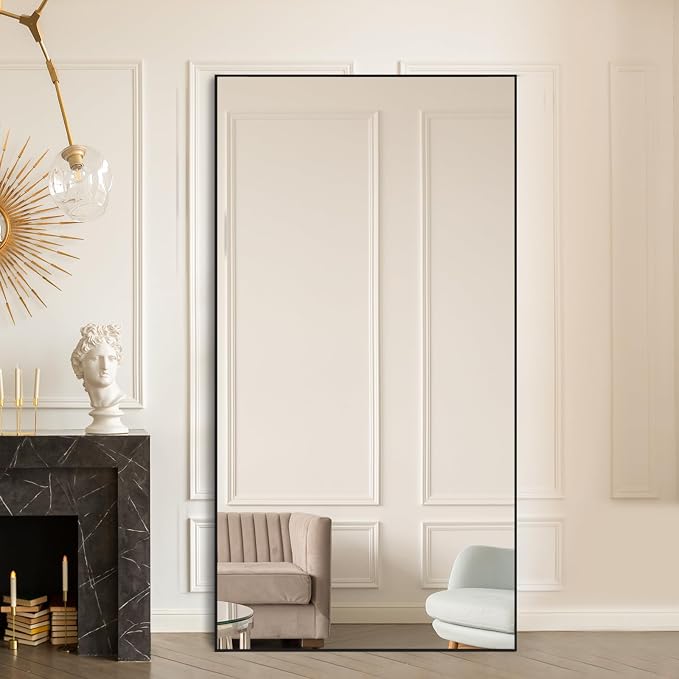 Beauty4U 76" x 34" Full Length Mirror with Stand, Black Large Floor Mirror | Standing, Leaning, or Wall-Mounted Tempered Glass Full Body Mirror with Metal Frame for Bedroom, Closet, Modern Home Decor