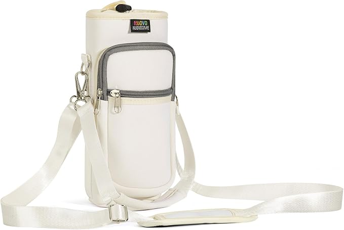 Nuovoware Water Bottle Carrier Bag, 25oz/32oz, CreamWhite | Adjustable Shoulder Hand Strap, 2 Pocket, Neoprene Sleeve, For Hiking Travelling Camping