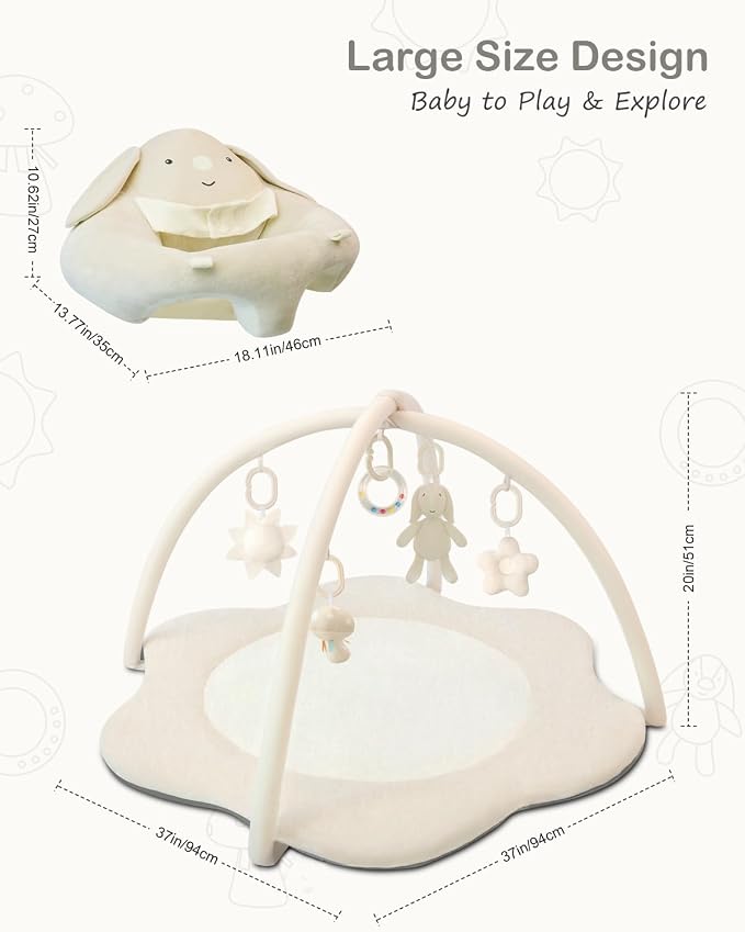 3-in-1 Baby Play Mat & Baby Seats for Infants for Sitting Up, Tummy Time Gym Activity Mat with 5 Detachable Toys, for Babies 0-6-12-18 Months, Newborn Babies Shower Gifts(Beige)
