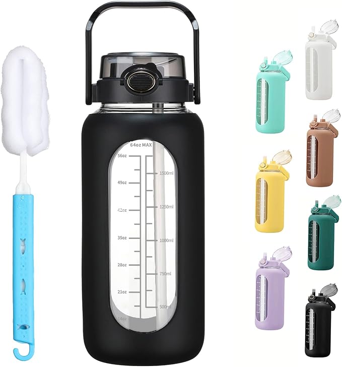 chunmo 64oz Glass Water Bolttles with Straw Half Gallon Large Motivational Water Bottle with Time Marker Sports Water Bottles with Silicone Sleeve and Handle Lid Water Jug for Gym Workout