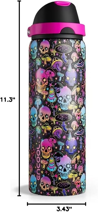 Insulated Water Bottle with Straw - Encool Stainless Steel Water Bottle with Push Button Lid, Leak-Proof & BPA-Free, Keeps Cold for 24 Hours for Sports, Travel, Gym (32 oz, Trippy Skulls)