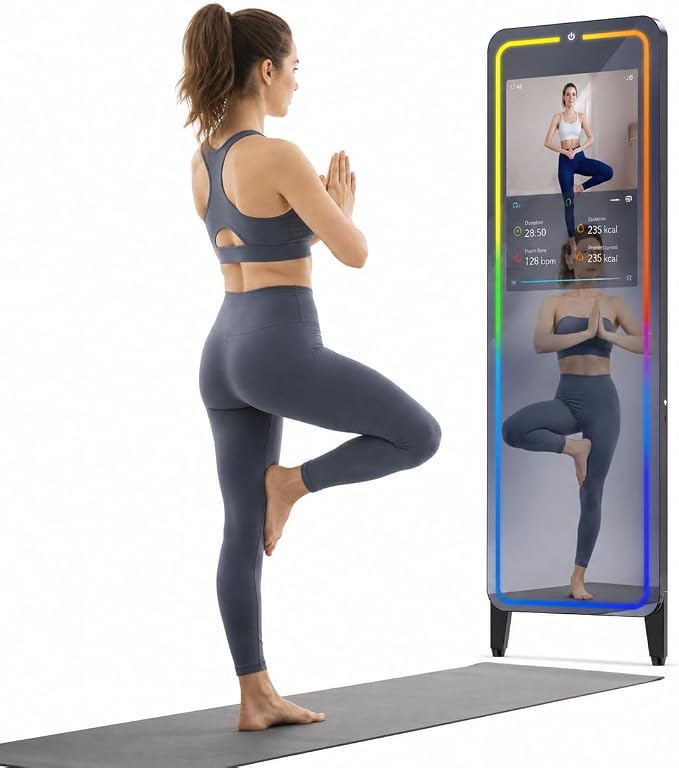 Smart Fitness Mirror for Home Gym Workout, 32" Touchscreen & Open System, No Subscription Fees, Support Fitness Apps, Wall Mount & Free Standing, Can be Used with Home Workout Equipment