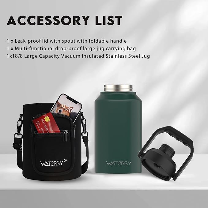 WATERSY 2/3 Gallon Water Bottle Insulated(Cold for 48 Hrs),BPA Free&Leak Proof,87oz Stainless Steel Water Jug/Flask,Big thermo,Large Water Bottle with Handle for Gym,Hiking,Camping,Dark Green