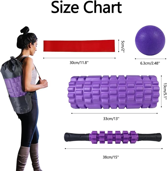5 in 1 Foam Roller Set High Density Patented Foam Roller for Exercise | Foam Roller Massage Stick, Massage Ball, Resistance Band for Deep Muscle Massage Pilates Yoga Trigger Point Release Purple