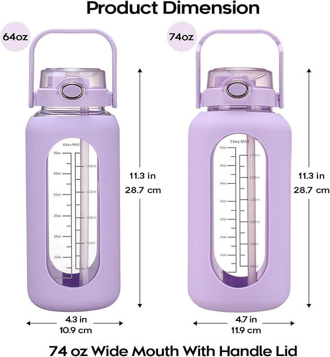 chunmo 74 oz Glass Water Bolttles with Straw Large Motivational Water Bottle with Time Marker Sports Water Bottles with Silicone Sleeve and Handle Lid 2.2L Water Jug for Gym Workout