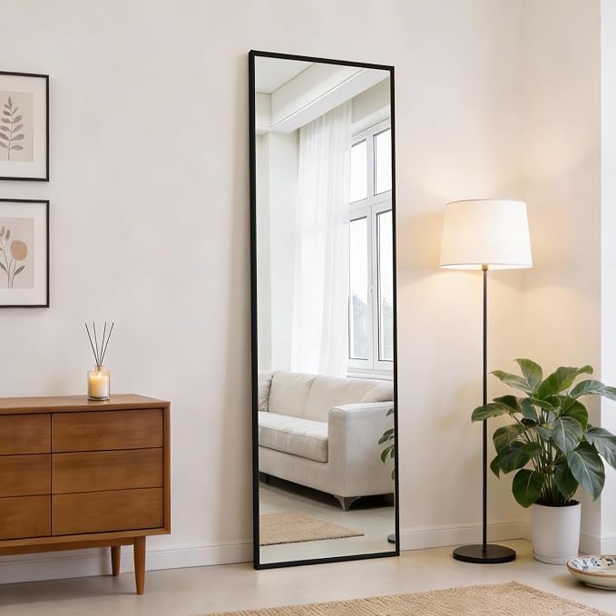 DUMOS 47"x14" Full Length Door Mirror, Full Body Mirror, Black | Aluminum Alloy Thin Frame, Leaning or Hanging, Suitable for Bedroom, Livingroom, Cloakroom