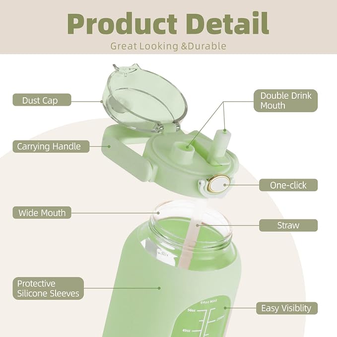 42 oz Glass Water Bottle with 2-in-1 Straw Lid Large Half Gallon Water Bottle with Time Marker & Removable Silicone Sleeve,Wide Mouth BPA-Free Borosilicate Bottle for Gym, Workout & Daily Use