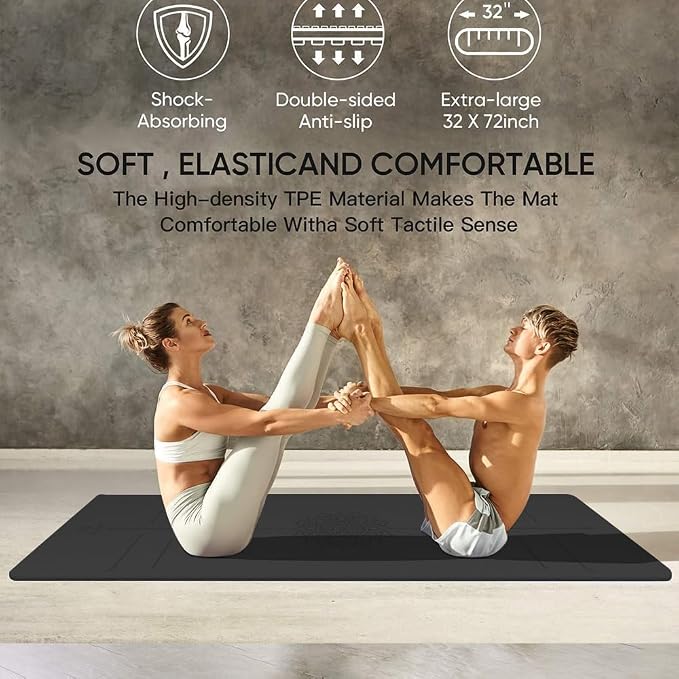 Gruper Yoga Mat Non Slip TPE Extra Wide Yoga Mat with Alignment Mark, 72"L x 32"W x 0.32"/0.24"Th (183cm x 80cm x 8mm/6mm), Anti-Tear Exercise Mat with Carrying Strap and Bag, Workout Mats for Yoga, Pilates