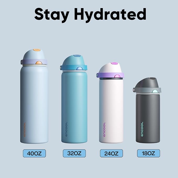 Insulated Water Bottle with Straw - Encool Stainless Steel Water Bottle with Push Button Lid, Leak-Proof & BPA-Free, Keeps Cold for 24 Hours for Sports, Travel, Gym (24 oz, Quill Grey-Blue)