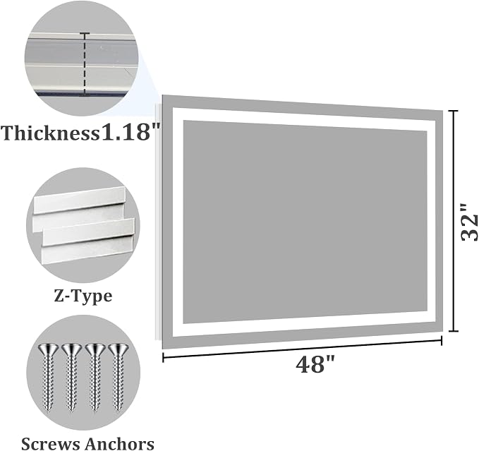 Koonmi 48x32 LED Bathroom Mirror with Light, Anti-Fog, 3 Colors | Backlit + Front Lit, Dimmable Brightness, Shatterproof HD Distortion-Free Tempered Glass, Hardware Included