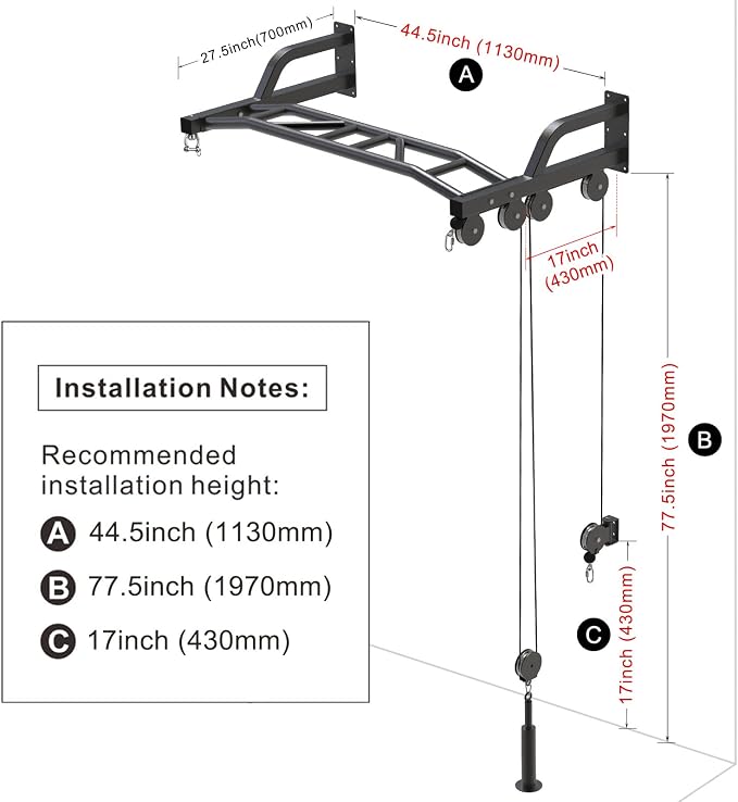 SELEWARE 48'' Heavy Duty Wall Mount Pull Up Bar with Cable Pulley System | Multi-function Chin up Bar with Cable Pulleys LAT Pulldown Attachments Heavy Bag Hanger for Home/Garage Gym Strength Training