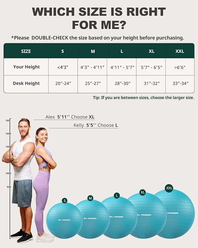 Trideer Yoga Ball for Exercise, Pilates, Core & Balance Training, Stability Ball for Pregnancy & Birthing Prep, Physical Therapy, Daily Stretching, Office Chair for Active Sitting, Quick Pump Included