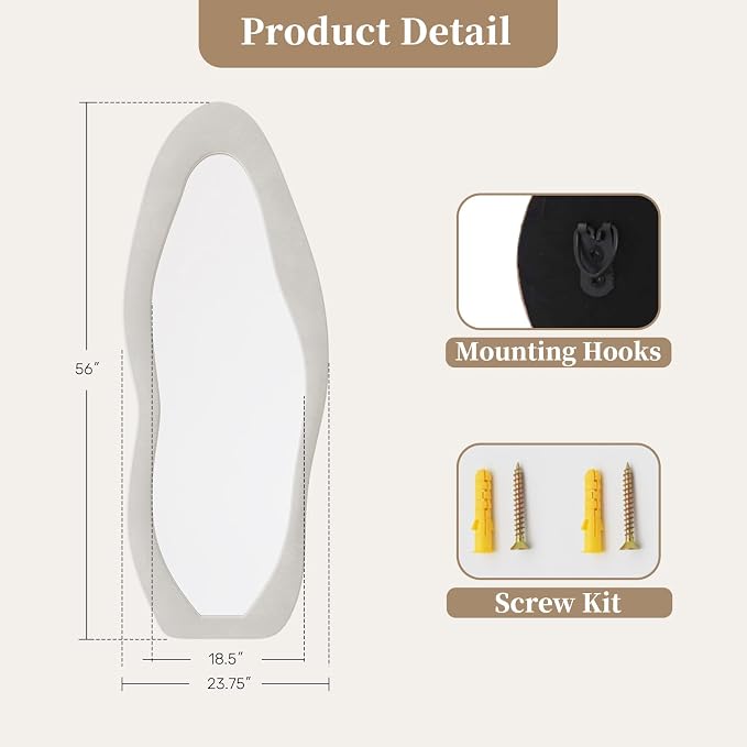 Wall Mirror 56"x24", Irregular Wavy Full Length Mirror | Full Body Mirror with Stand, Flannel Mirror for Bedroom, Living Room, Dressing Room, Entryway, Beige