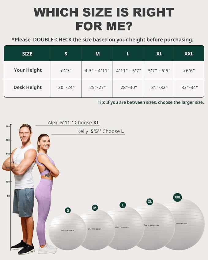 Trideer Yoga Ball for Exercise, Pilates, Core & Balance Training, Stability Ball for Pregnancy & Birthing Prep, Physical Therapy, Daily Stretching, Office Chair for Active Sitting, Quick Pump Included