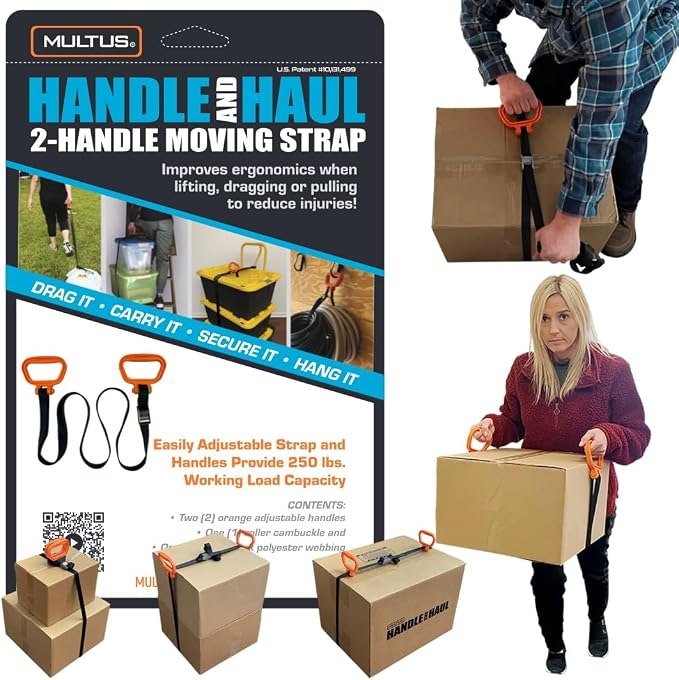 MULTUS Handle and Haul Moving Strap, 2 Handles - 1-Person Lift | 250 lb capacity, slides & locks anywhere on 9ft strap; moves furniture, mattresses, boxes solo