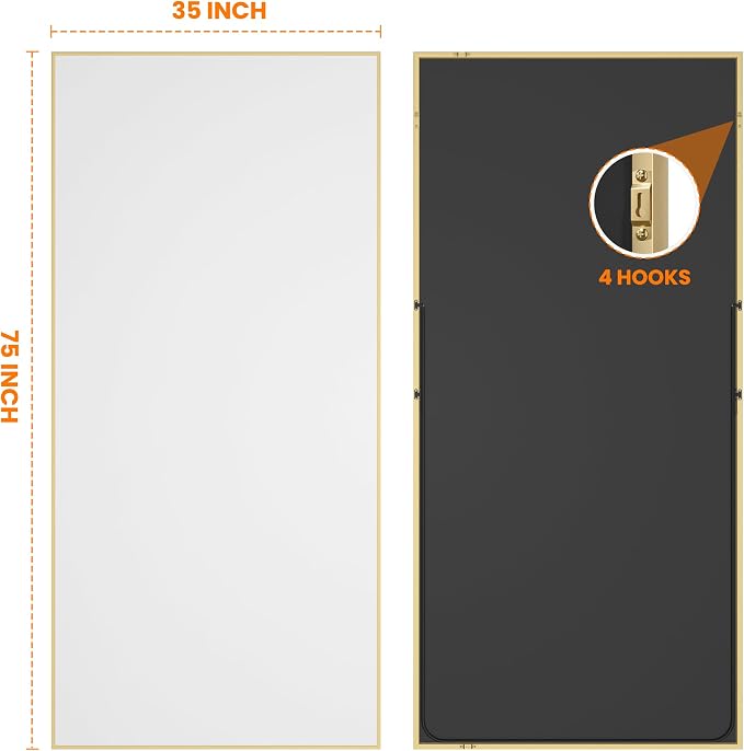 TRAHOME Full Length Mirror, 75"x35" Rectangle Standing Floor Full Body Mirror for Wall with Aluminum Alloy Frame for Bedroom, Living Room, Dressing Room(Gold)
