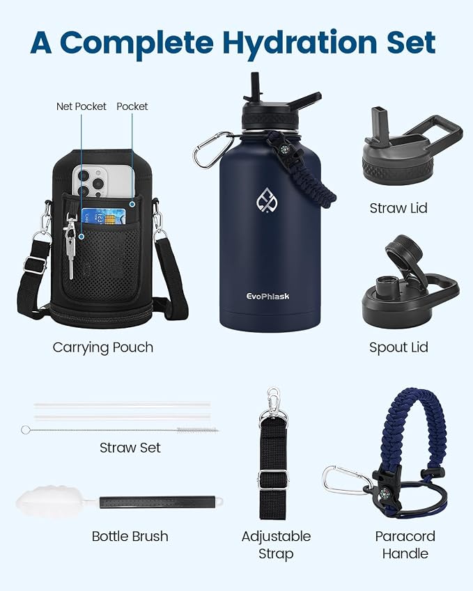 Insulated Water Bottle 64 oz with Carrier Bag, Dark Blue | Stainless Steel, Vacuum Insulated Keep Cold 48 Hrs, Half Gallon Large Water Jug, For Travel, Sport, Gym, Hiking