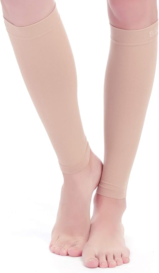BSERA Calf Compression Sleeve Women, 2 Pairs 15-20mmHg Calf Support Footless Compression Socks Stockings for Shin Splints, Varicose Veins, Recovery (Nude/Skin, Large)