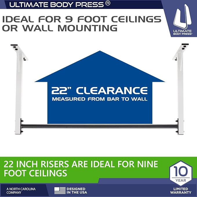 Wall or Ceiling Mount Pull Up Bar with 48” Straight Bar and 22” Risers, Double Wall Mounting Plates Fit 16” or 24” Studs and Joists by Ultimate Body Press
