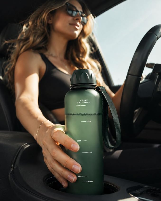 Slim Water Bottle 32 OZ with Stainless Steel Lid, Dishwasher Safe 1 Liter Plastic Water Bottle BPA-Free, Leakproof Lightweight with Time Marker, Reusable for Running School Sport Gym Travel Hiking