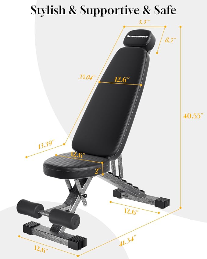 Fitness Bench, Adjustable, Comfortable, Fashionable, Foldable and Extended Headrest with 192 Positions Incline Decline 900LBS Home Gym Bench for Strength Training