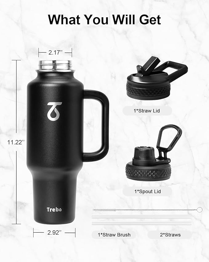 Trebo Insulated Water Bottle 40 oz Fits in Car Cup Holder with Side Handle | Stainless Steel Metal Tumbler with Straw Spout Lids, Triple-Wall Vacuum Copper Plated, Cold 48 Hrs Hot 24 Hrs for Travel, Gym
