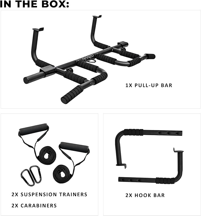 HANZO Doorway Pull Up Bar Set with Suspension Straps – Multi-Grip Chin Up Bar for Home Gym – No Screws, Strength Training Workout Bar, Door Gym Pullup Bar