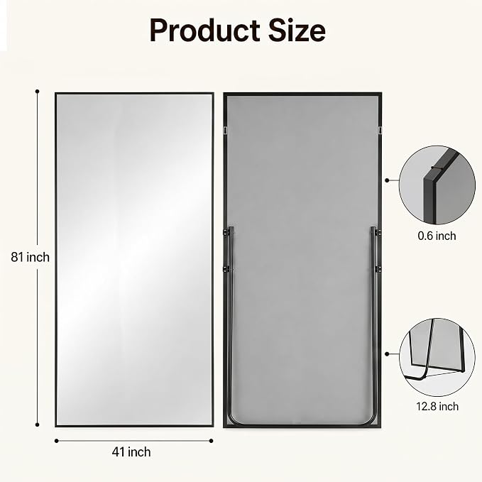 Antok Full Length Mirror, 81"x41" Floor Mirror with Stand, Hanging Mounted Mirrors for Bedroom, Living Room, Cloakroom, Dining Room, Black, Rect