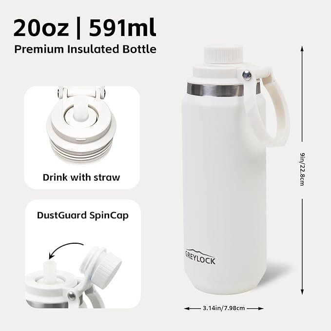 Greylock 20 oz Insulated Water Bottle with Straw Lid, Reusable Stainless Steel Sports Water Bottles with Foldable Handle, Leak Proof, Double-Wall Vacuum Insulation, 24 Hours Cold (White)