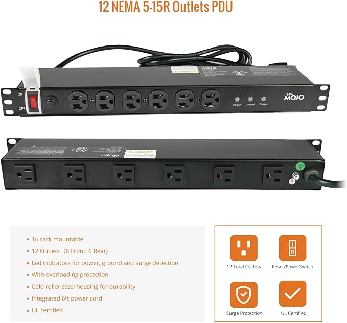 Tecmojo 1U Rackmount Network-Grade PDU Surge Protector, 12 Outlets (6 Front, 6 Rear Wide Spaced) 12A 6ft Cord with 5-15P Lug - Black, UL Certified