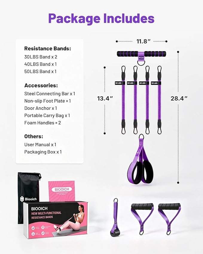 Multifunction Pedal Resistance Band with Handle, 4 Tubes 30/40/50LB Adjustable Foot Pedal Puller Resistance Band with Foam Handle& Storage for Men Women Core, Arm, Legs, Body Workout Home Gym, Purple